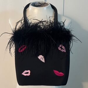 Black Feathered Tote Bag with Pink Accents